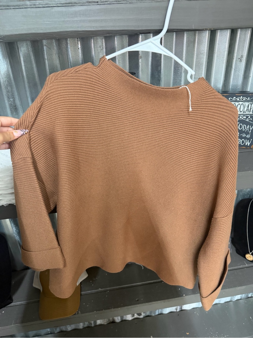 & Other Stories Cropped Ribbed Crewneck Sweater in Camel Brown